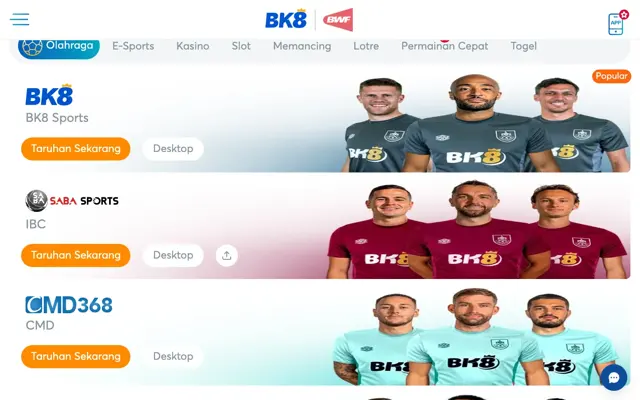 Tab olahraga BK8 Indonesia dengan BK8 Sports, Saba Sports (IBC) dan CMD368