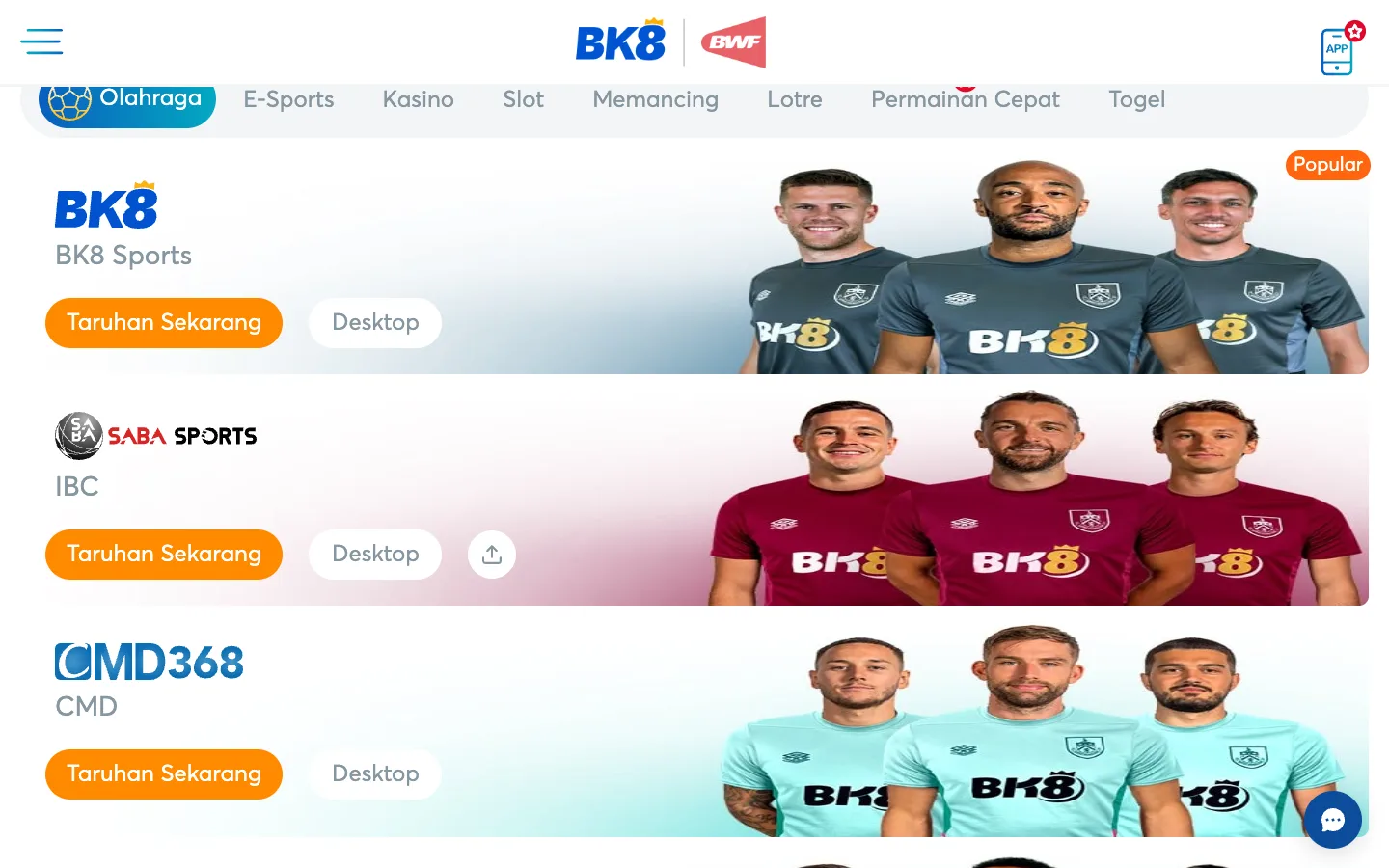 Tab olahraga BK8 Indonesia dengan BK8 Sports, Saba Sports dan CMD368