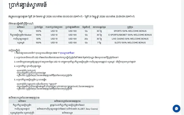 តារាងប្រាក់រង្វាន់ស្វាគមន៍ BK8 កម្ពុជា៖ កីឡា E-Sports និងស្លុត 100% រហូតដល់ USD 100 ត្រឹម 12x កាស៊ីណូផ្ទាល់ 50% ត្រឹម 20x