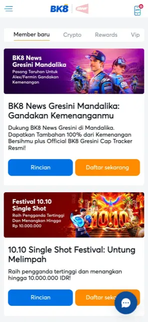 Halaman promosi BK8 Indonesia versi mobile dengan filter Member baru, Crypto, Rewards dan Vip