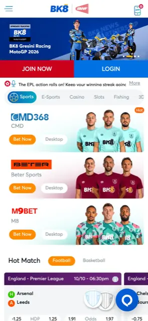 BK8 Singapore mobile site with Join Now and Login buttons and CMD368, Beter and M9Bet sportsbooks