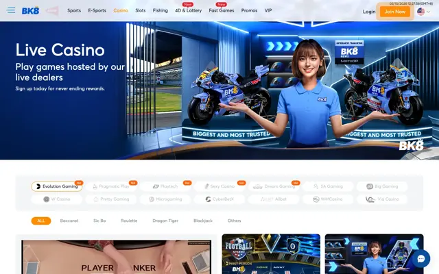 Lobi live casino BK8 dengan Evolution, Pragmatic Play, Playtech, Sexy Casino dan SA Gaming