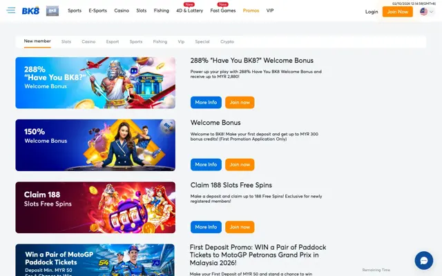 Halaman promosi BK8 Malaysia dengan bonus 288%, bonus 150% dan 188 free spins