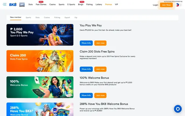 BK8 Philippines promotions page with You Play We Pay, 200 free spins, 100% and 288% welcome bonuses