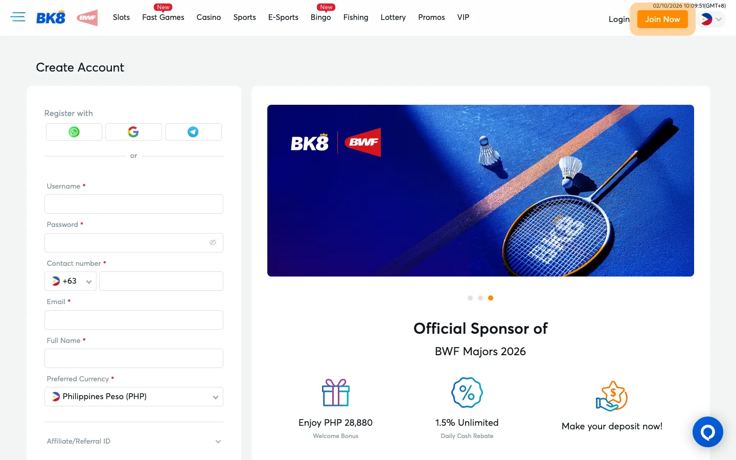 BK8 sign-up form with +63 phone number and Philippine Peso currency