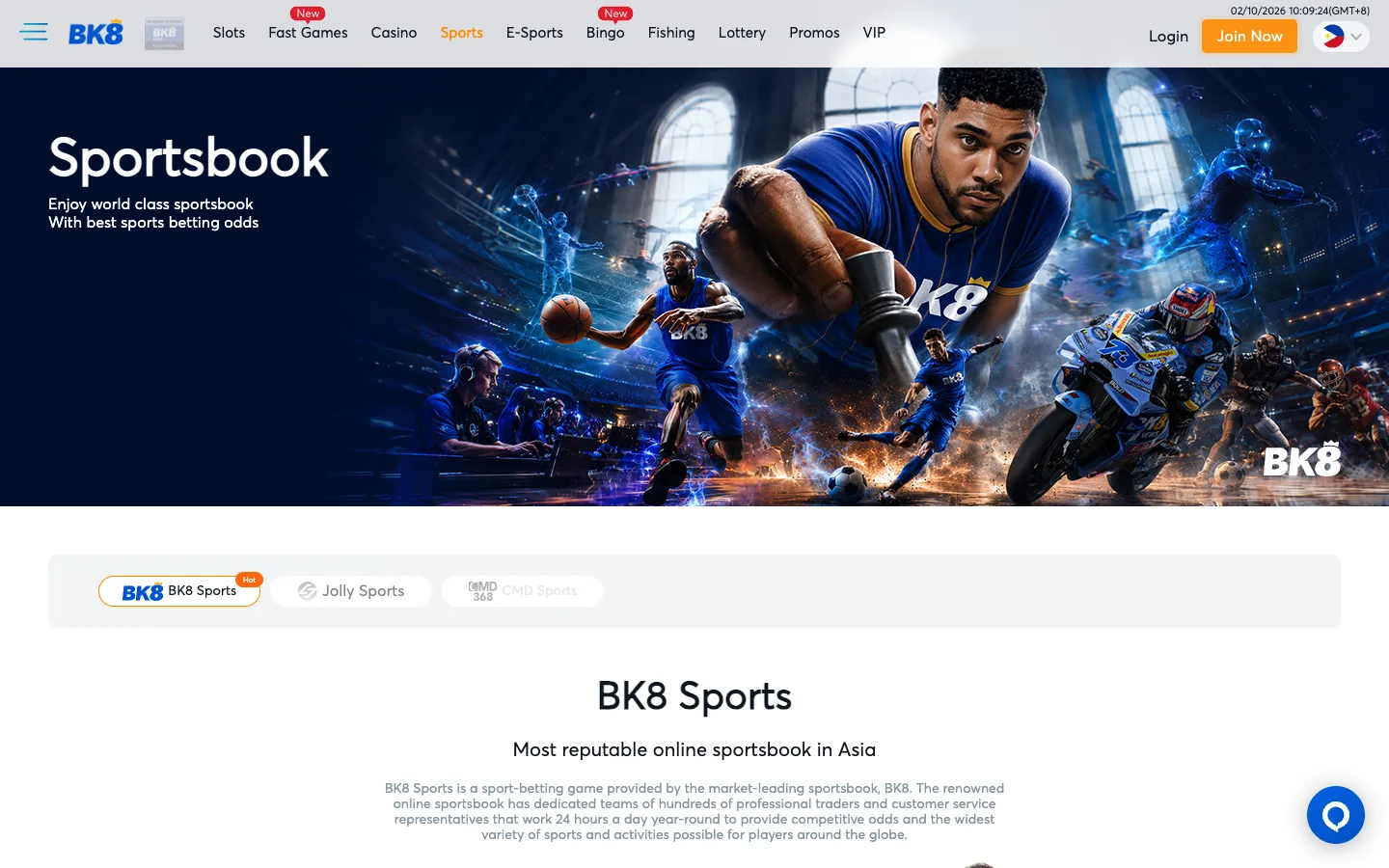 BK8 sportsbook page with BK8 Sports, Jolly Sports and CMD Sports