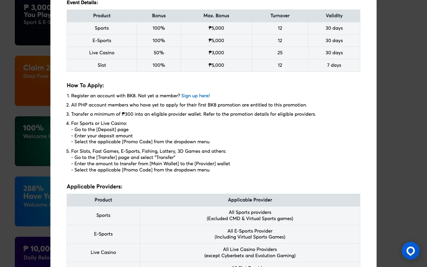 BK8 100% Welcome Bonus terms table for sports, esports, live casino and slots