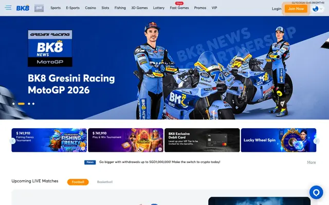BK8 Singapore homepage with the BK8 Gresini Racing MotoGP banner and an SGD withdrawal news ticker