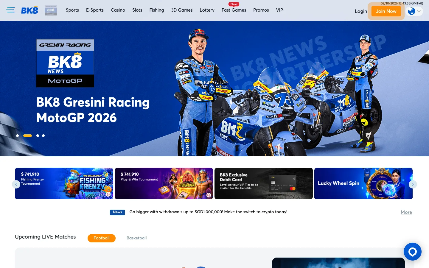 BK8 Singapore homepage with the BK8 Gresini Racing MotoGP banner and an SGD withdrawal news ticker