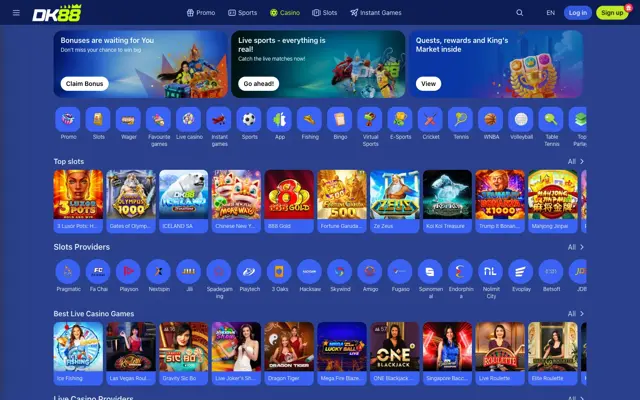 Lobi kasino DK88 dengan kategori permainan dan slot pilihan