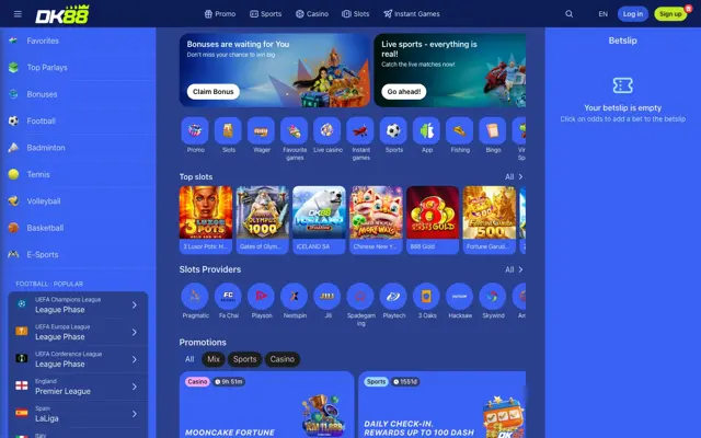 Laman utama DK88 di desktop dengan banner bonus, slot popular dan pembekal slot