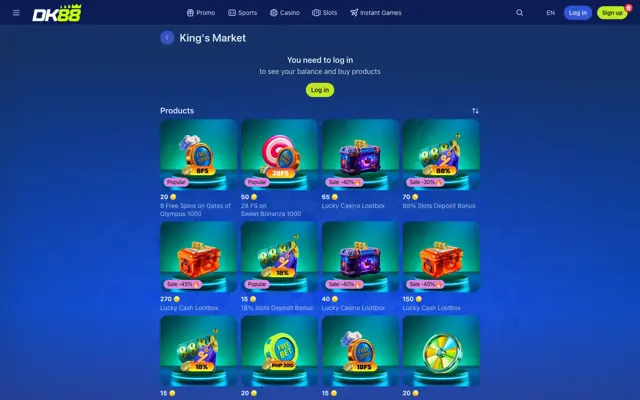 Kedai kesetiaan King's Market DK88 yang menyenaraikan free spins dan bonus deposit untuk Dash Coins