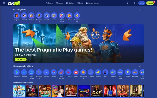 DK88 live casino page with live providers including Evolution and SA Gaming