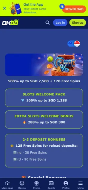 DK88 SGD welcome page on a phone with the 100% and 288% bonus cards