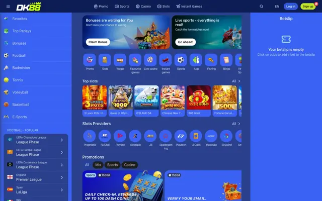 DK88 homepage on desktop with bonus banners, top slots and slot providers