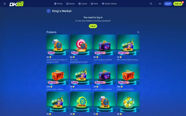 DK88 King's Market loyalty shop listing free spins, deposit bonuses and lootboxes for Dash Coins