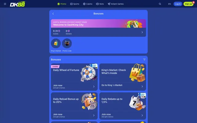 DK88 promotions hub with the Daily Wheel, reload, rebate and verification free spins