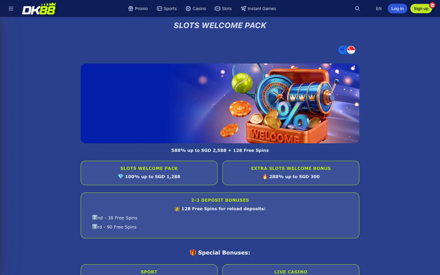 DK88 SGD welcome page showing 588% up to SGD 2,588 plus 128 free spins