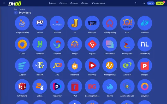 DK88 slot providers page listing 64 slot studios