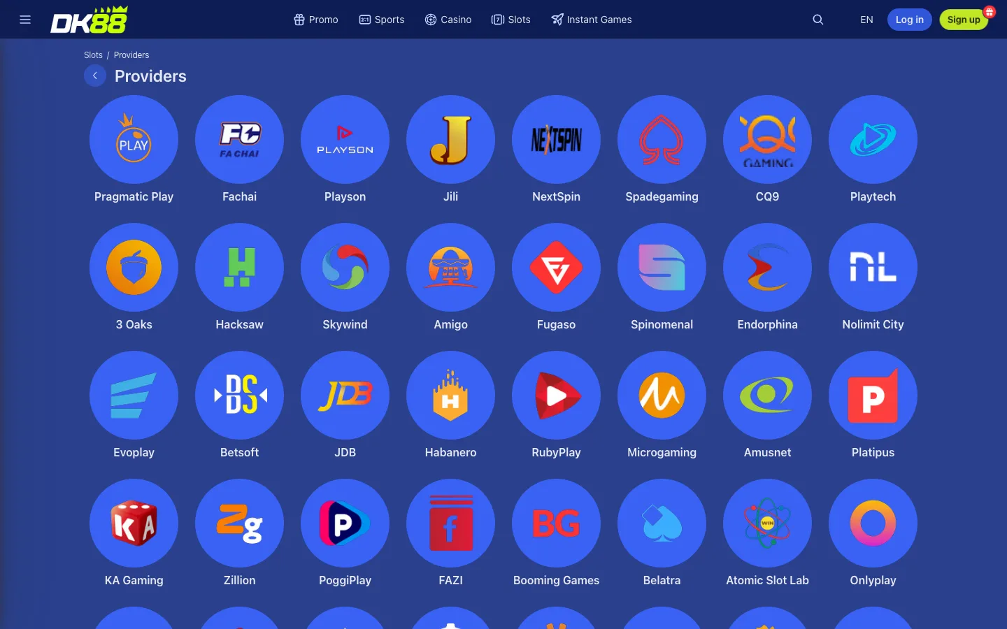 DK88 slot providers page listing 64 slot studios