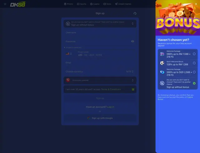 Skrin pendaftaran DK88 dengan pemilih bonus alu-aluan dibuka