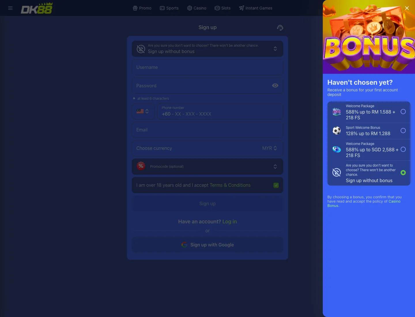 Skrin pendaftaran DK88 dengan pemilih bonus alu-aluan dibuka