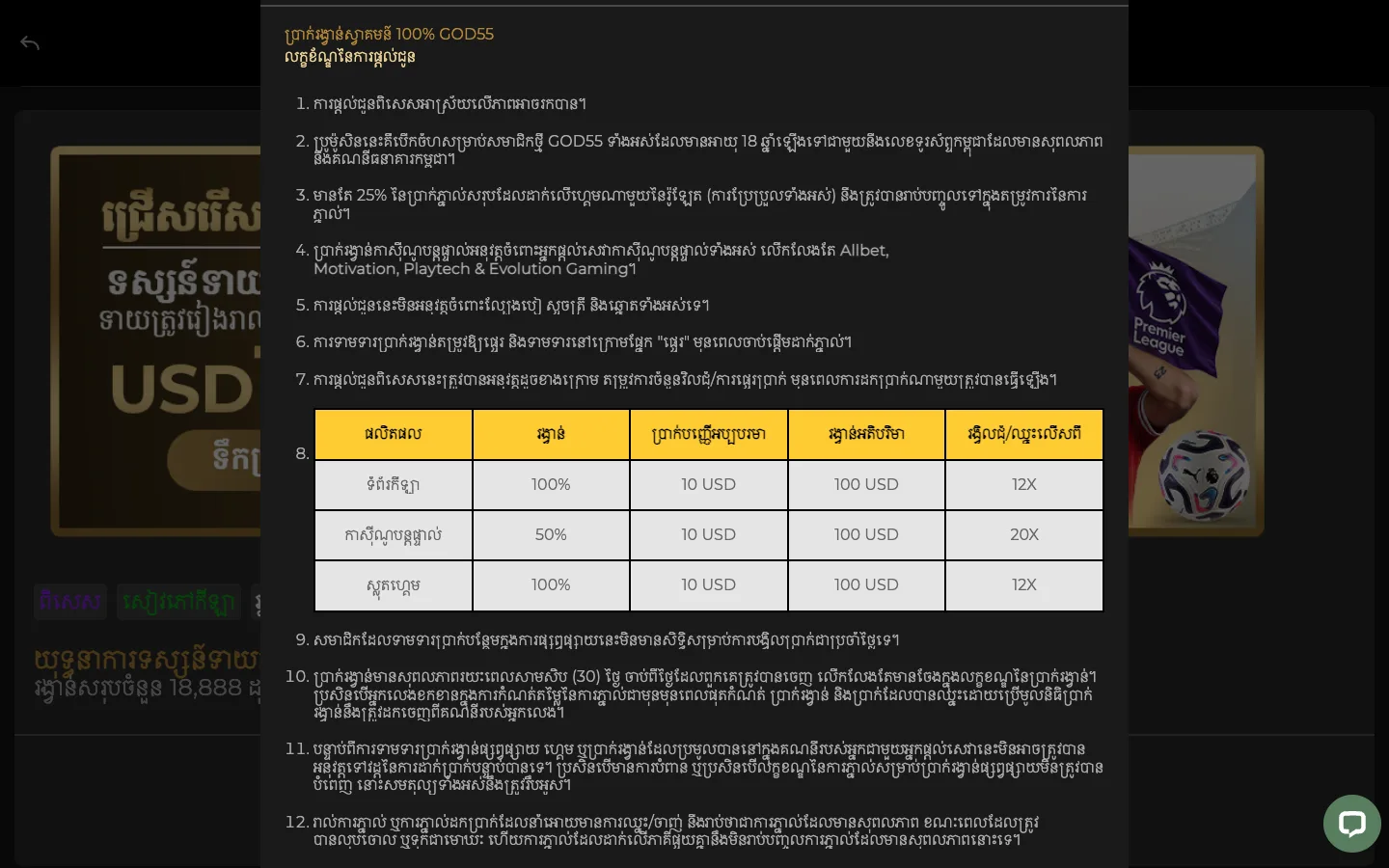 តារាងលក្ខខណ្ឌប្រាក់រង្វាន់ស្វាគមន៍ 100% របស់ GOD55 កម្ពុជា