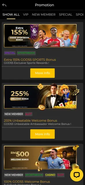 Halaman promosi GOD55 di telefon dengan bonus alu-aluan 255%