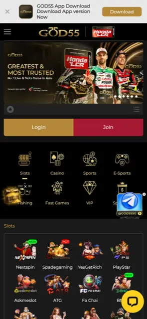 GOD55 Singapore mobile home screen with app download banner and game categories