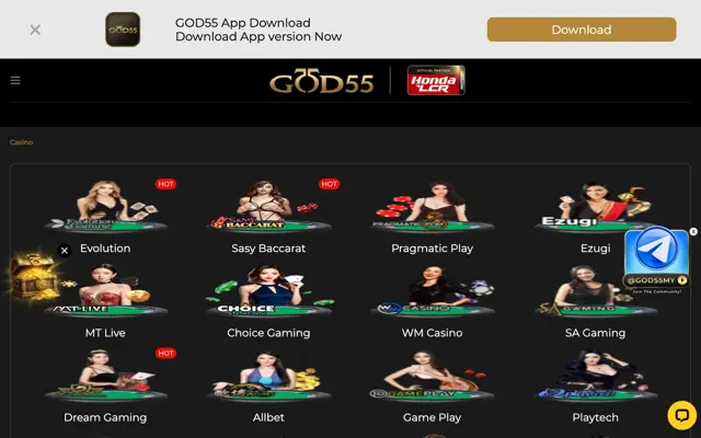Pembekal live casino GOD55 termasuk Evolution, Sexy Baccarat, Pragmatic Play dan SA Gaming