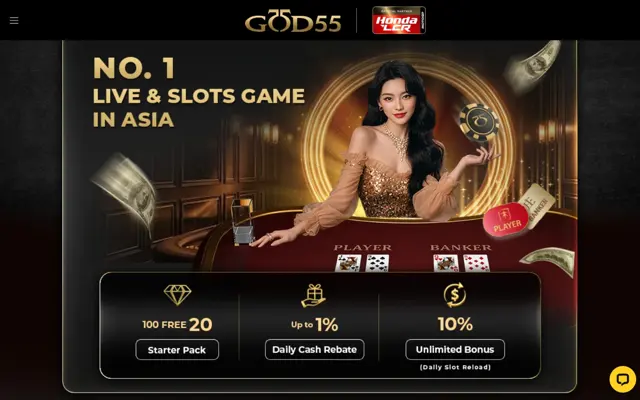 Halaman pendaftaran GOD55 dengan Starter Pack 100 FREE 20, rebat harian 1% dan bonus tanpa had 10%