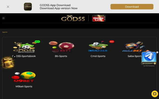Pembekal sportsbook GOD55: GOD55 Sportsbook, BTi, CMD368, SABA dan M9Bet