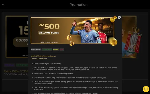 Bonus alu-aluan 100% GOD55 sehingga RM500 untuk sportsbook, kasino dan slot