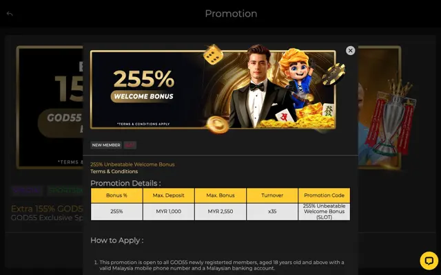 Terma bonus alu-aluan 255% GOD55 dengan deposit maksimum RM1,000, bonus maksimum RM2,550 dan turnover x35