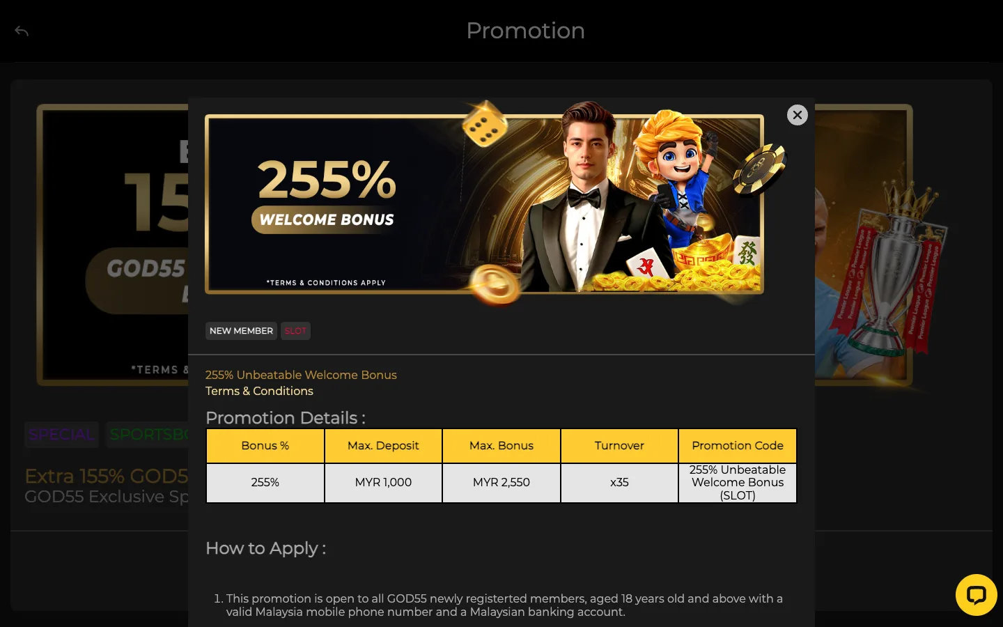 Terma bonus alu-aluan 255% GOD55 dengan deposit maksimum RM1,000, bonus maksimum RM2,550 dan turnover x35