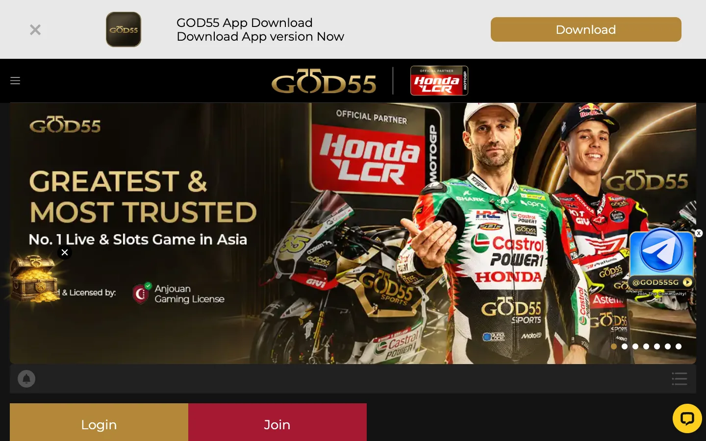 GOD55 Singapore homepage on desktop with the Honda LCR MotoGP partner banner