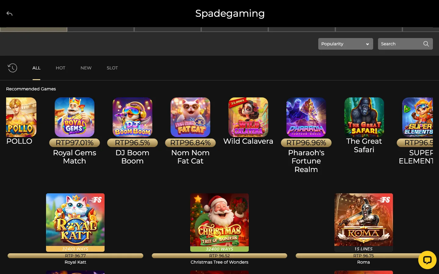 GOD55 Singapore Spadegaming slots lobby with RTP labels