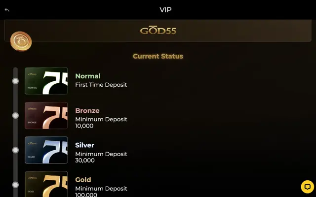GOD55 Singapore VIP tiers from Normal to Gold with minimum deposits