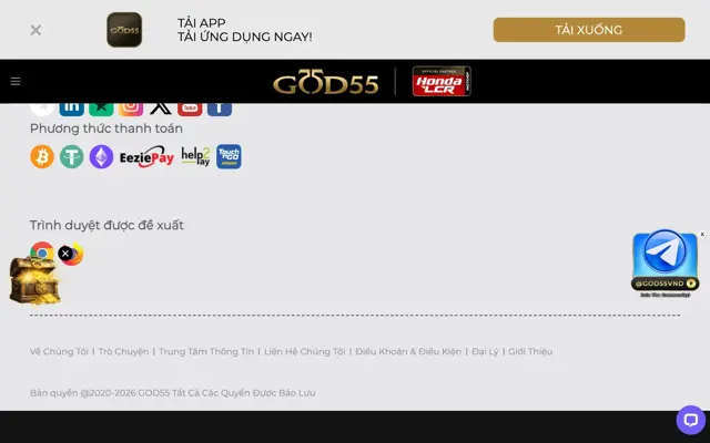 Chân trang GOD55 Việt Nam với phương thức thanh toán Bitcoin, USDT, Ethereum, EeziePay và Help2Pay
