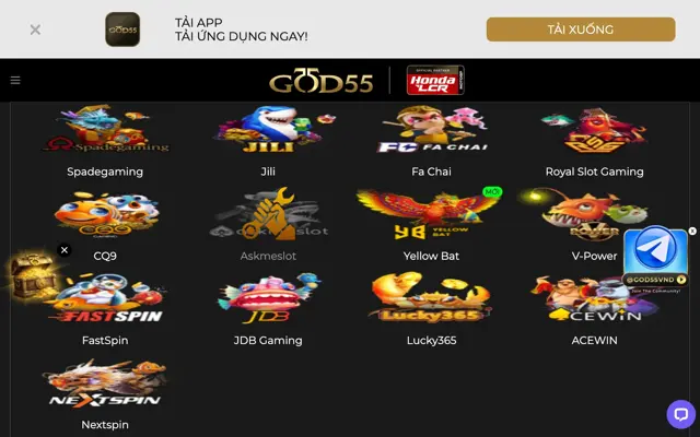 Sảnh bắn cá GOD55 với Spadegaming, JILI, Fa Chai, CQ9, JDB và nhiều studio khác