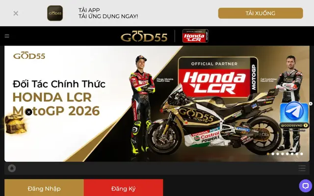 Trang chủ GOD55 Việt Nam trên máy tính với banner đối tác chính thức Honda LCR MotoGP 2026