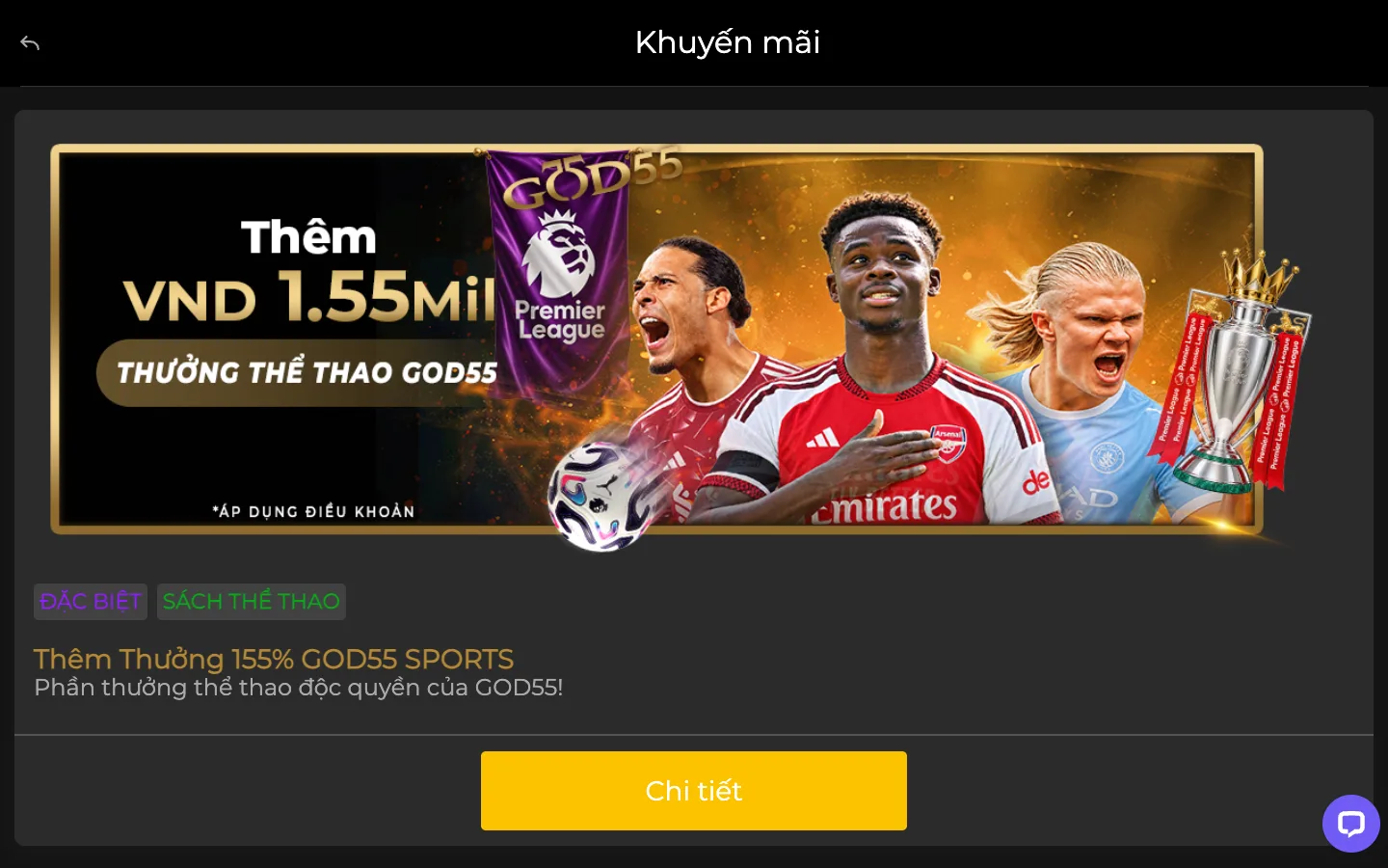 Trang khuyến mãi GOD55 Việt Nam với thẻ Thêm Thưởng 155% GOD55 Sports