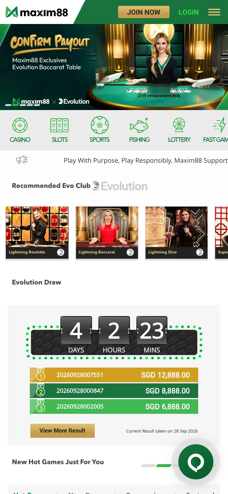Maxim88 Singapore mobile homepage