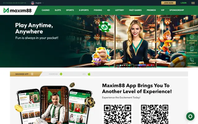 Halaman muat turun aplikasi Maxim88 dengan tab Android dan iOS serta kod QR