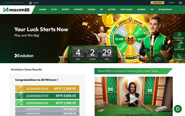 Halaman Evolution Draw Maxim88 dengan kiraan detik, pemenang dan meja baccarat Maxim88 x Evolution
