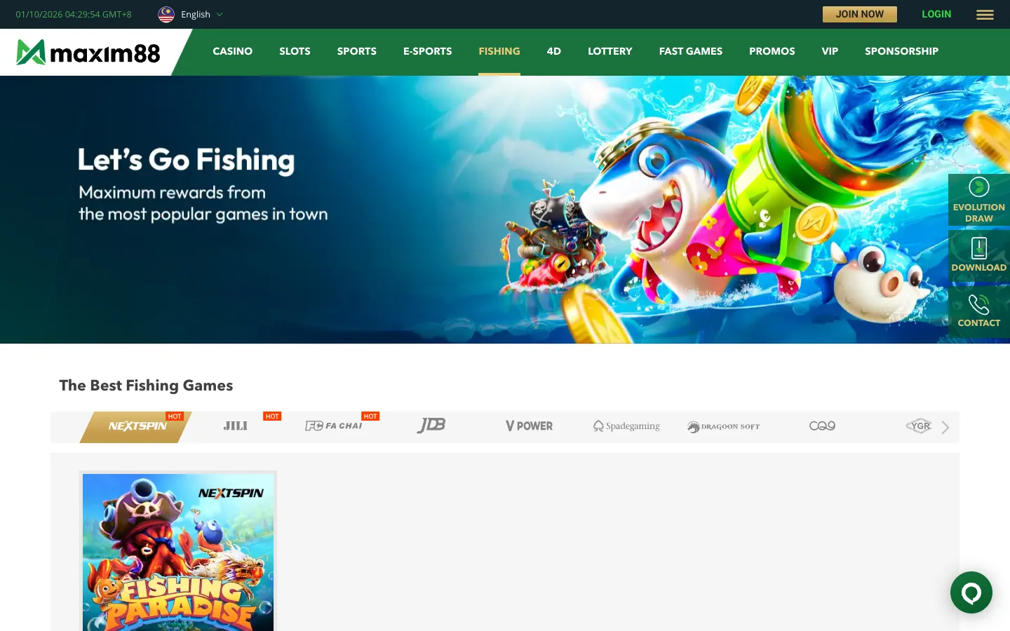 Lobi fishing Maxim88 dengan sembilan pembekal, termasuk Nextspin, JILI dan YGR