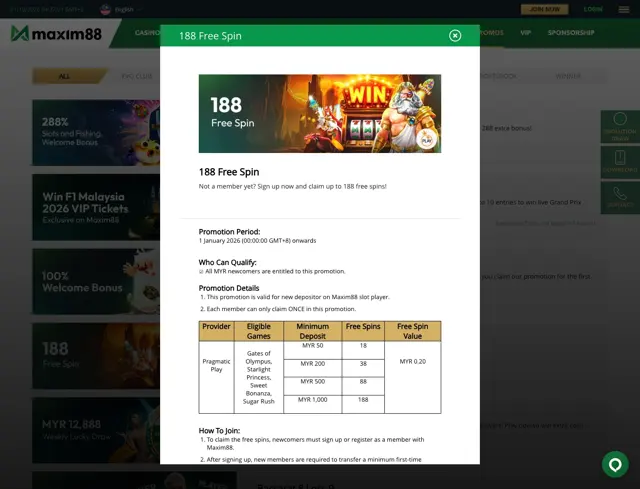 Promosi 188 free spins Maxim88 untuk slot Pragmatic Play mengikut tahap deposit