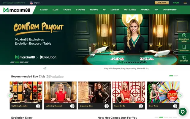 Laman utama Maxim88 Malaysia dengan banner meja baccarat Evolution eksklusif dan permainan Evo Club