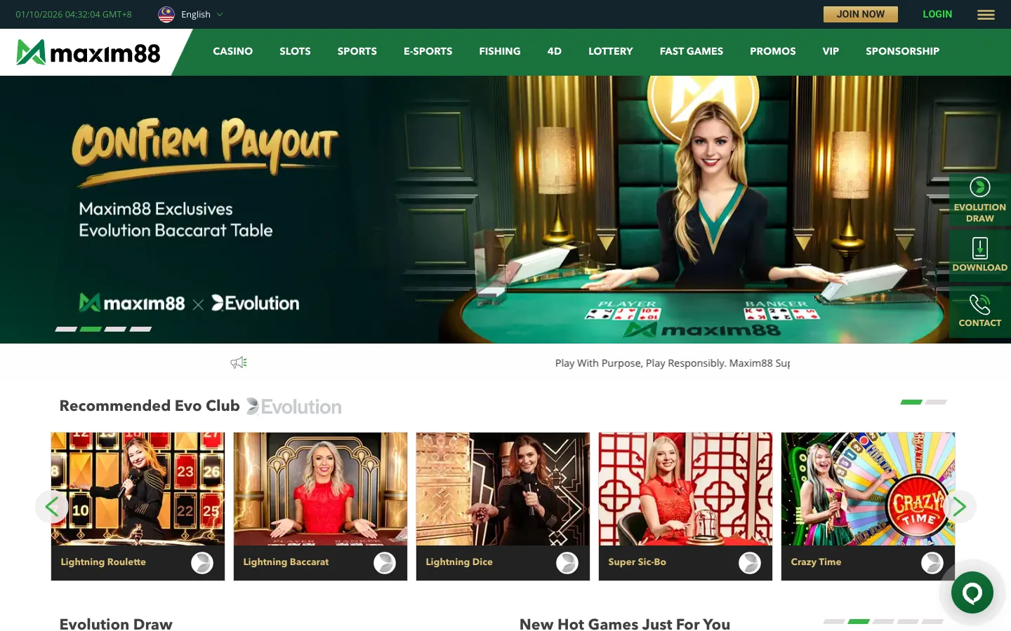 Laman utama Maxim88 Malaysia dengan banner meja baccarat Evolution eksklusif dan permainan Evo Club