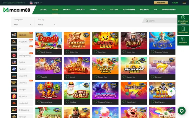Lobi slot Maxim88 dengan senarai pembekal termasuk Nextspin, Pragmatic Play, JILI dan Mega888
